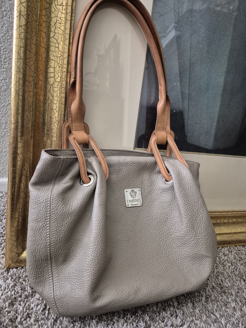💕Taupe Leather Tote with Tan Handles Made In France💕